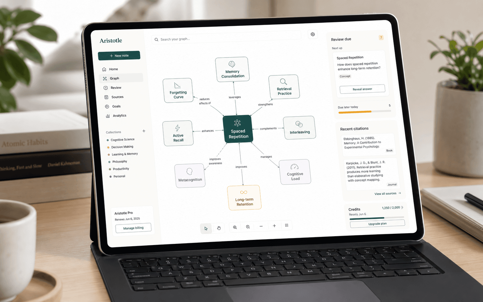 Aristotree concept graph workspace showing connected concept nodes and the review panel