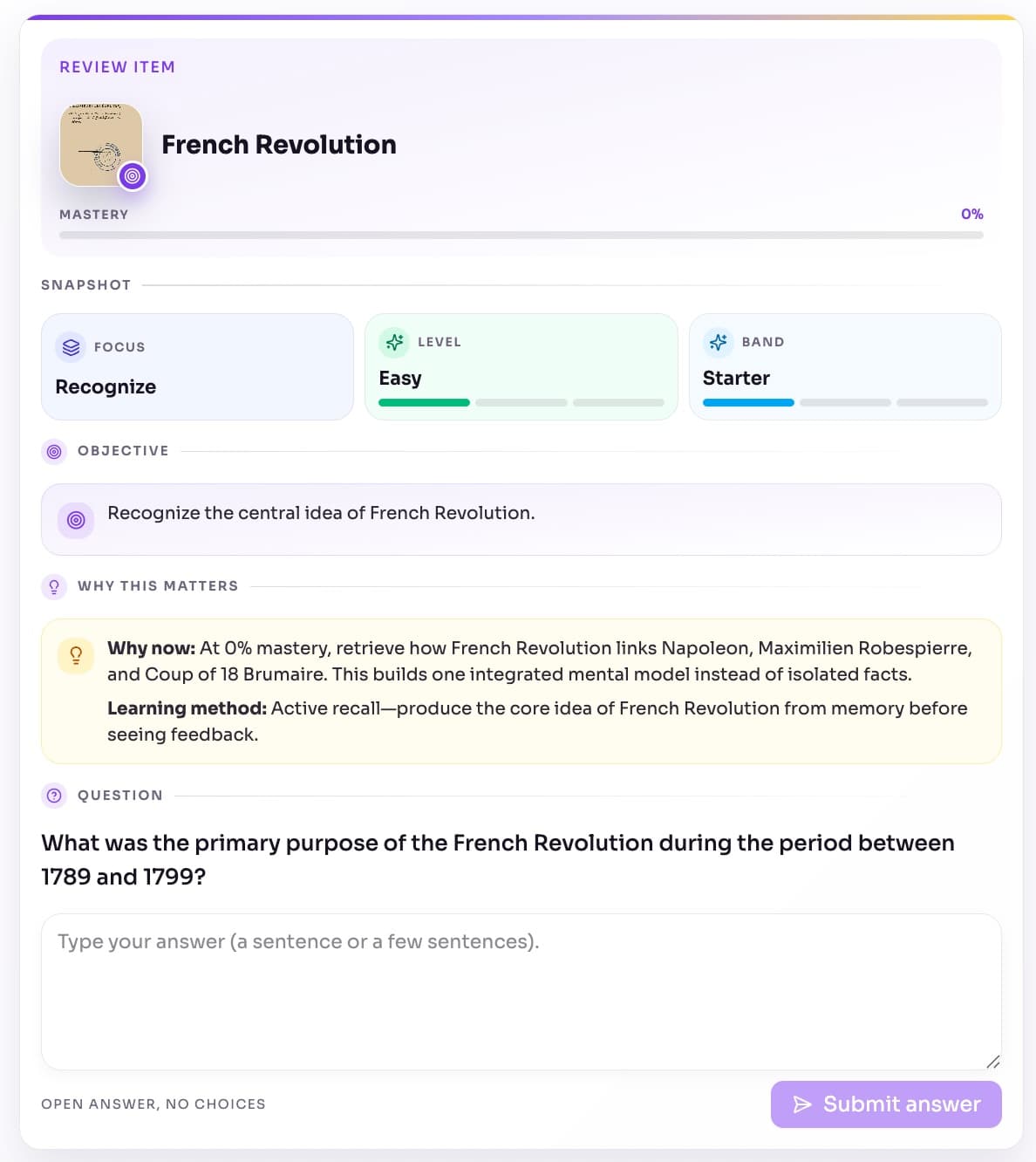 Aristotree adaptive review question for a concept